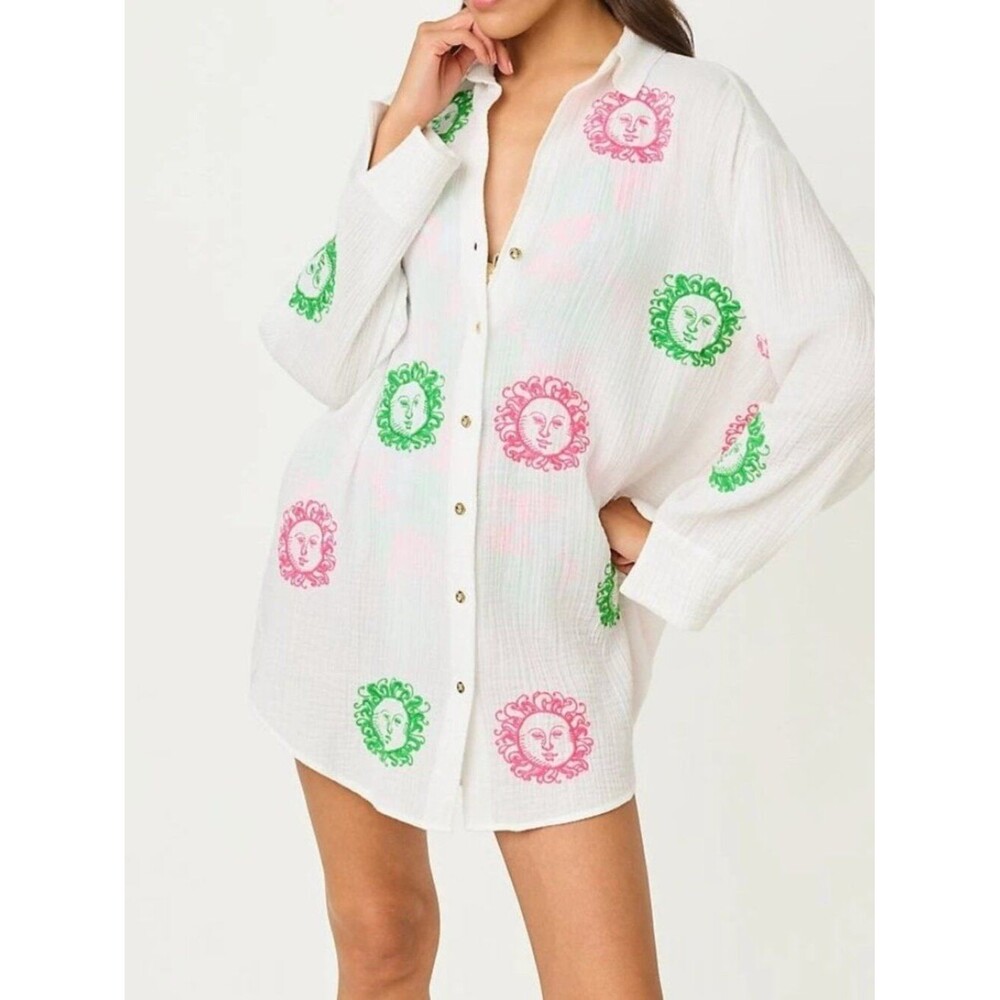 Lilly Pulitzer Kwitney Embroidered Long-Sleeves Cover-Up Mini Dress S 290354